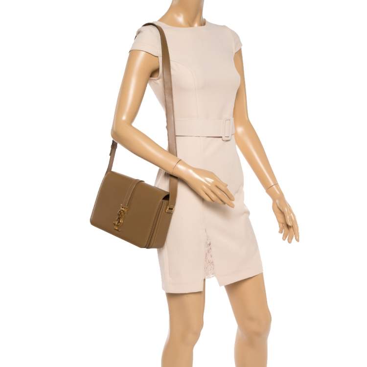 Pre Owned Saint Laurent Tan Leather Medium Monogram Université Flap Shoulder Bag
