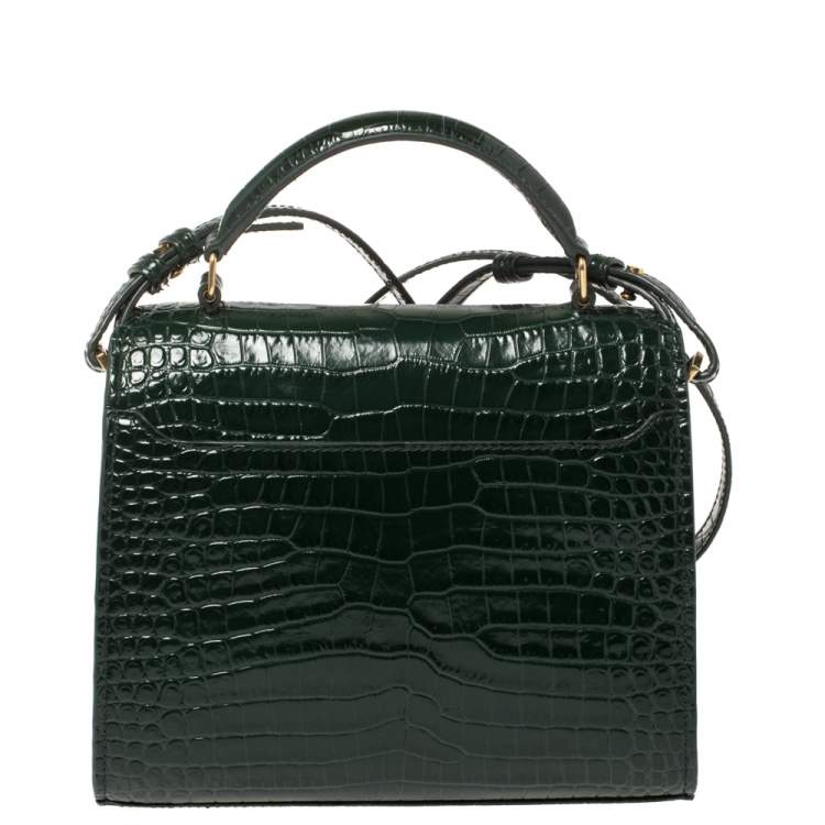 Pre Owned Saint Laurent Green Croc Embossed Leather Mini Cassandre Top Handle Bag