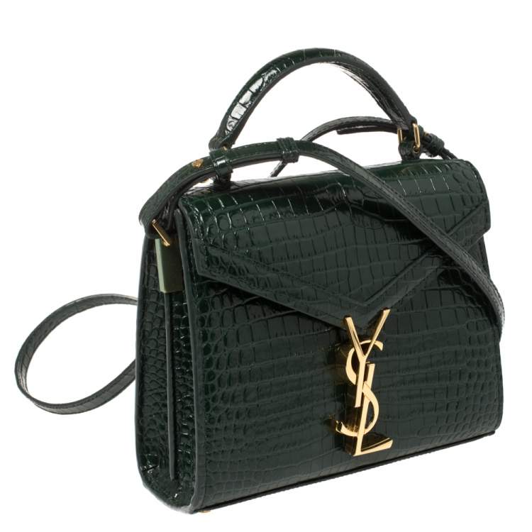 Pre Owned Saint Laurent Green Croc Embossed Leather Mini Cassandre Top Handle Bag