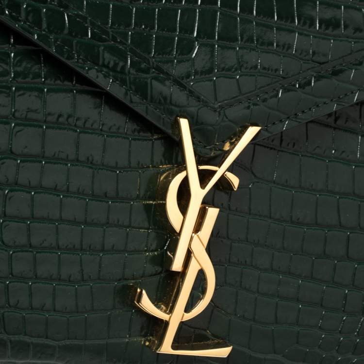Pre Owned Saint Laurent Green Croc Embossed Leather Mini Cassandre Top Handle Bag
