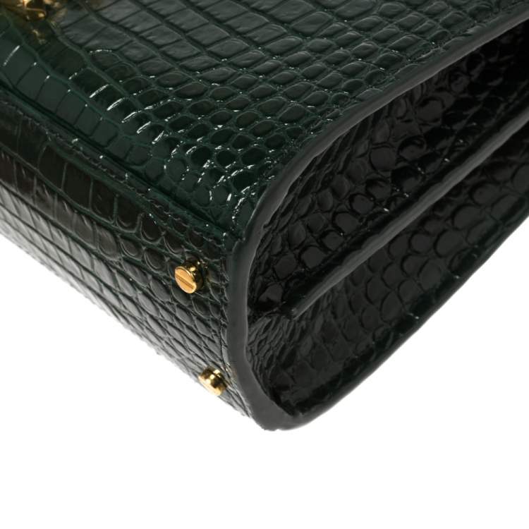Pre Owned Saint Laurent Green Croc Embossed Leather Mini Cassandre Top Handle Bag