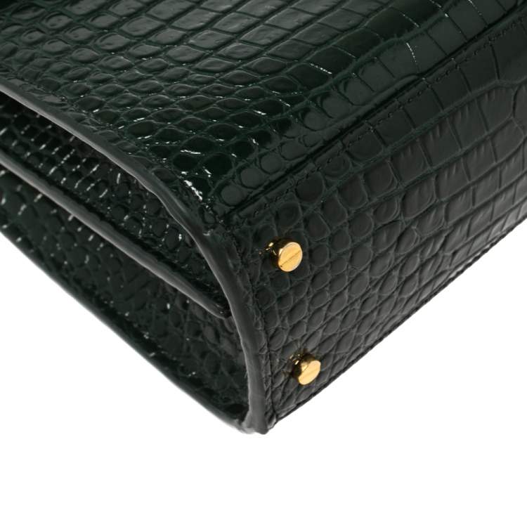 Pre Owned Saint Laurent Green Croc Embossed Leather Mini Cassandre Top Handle Bag