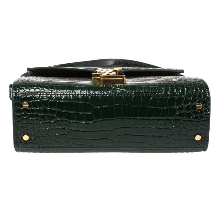 Pre Owned Saint Laurent Green Croc Embossed Leather Mini Cassandre Top Handle Bag