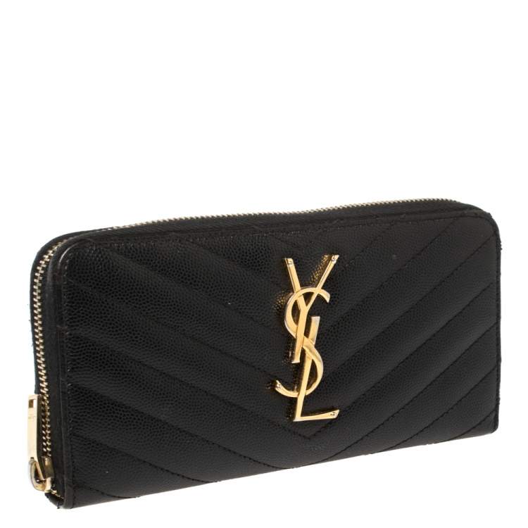 Pre Owned Saint Laurent Black Leather Monogram Zip Around Wallet