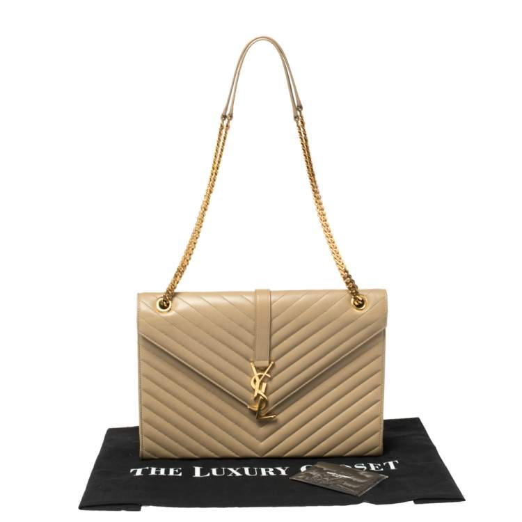 Pre Owned Saint Laurent Beige Matelassé Leather Large Cassandre Flap Bag