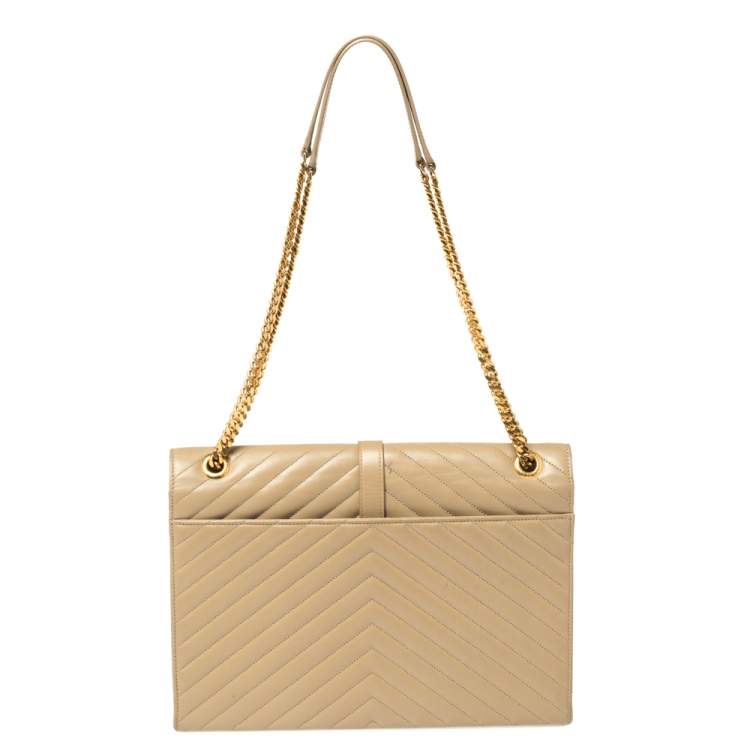 Pre Owned Saint Laurent Beige Matelassé Leather Large Cassandre Flap Bag