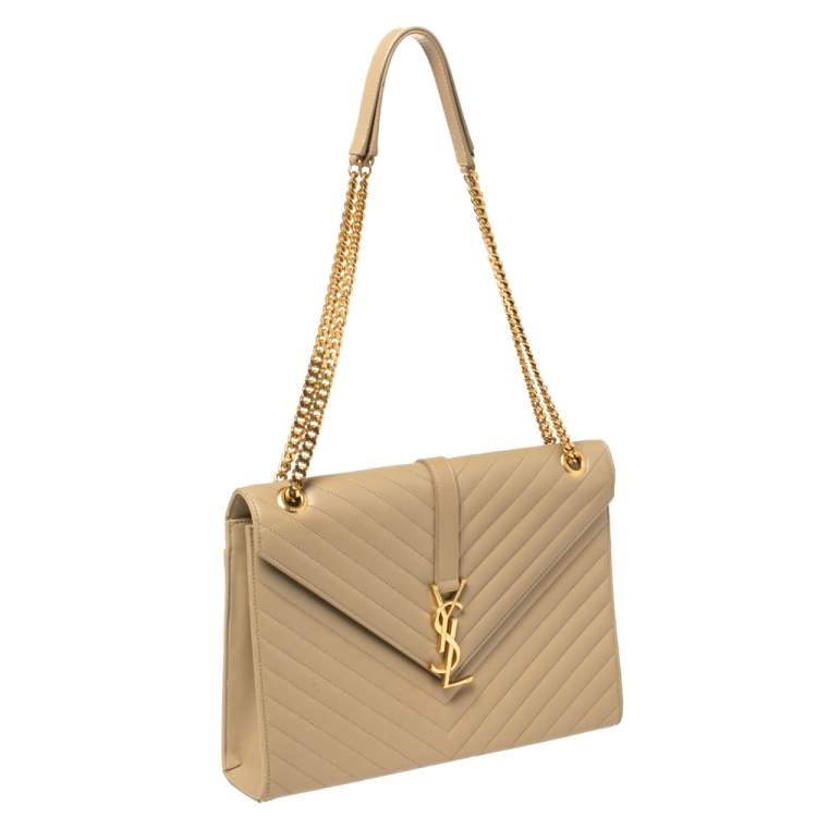 Pre Owned Saint Laurent Beige Matelassé Leather Large Cassandre Flap Bag
