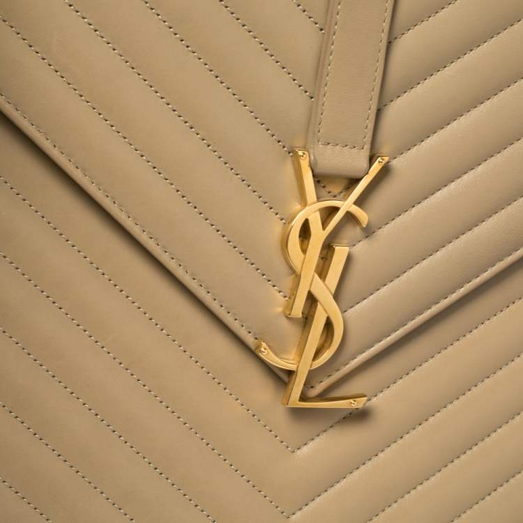 Pre Owned Saint Laurent Beige Matelassé Leather Large Cassandre Flap Bag