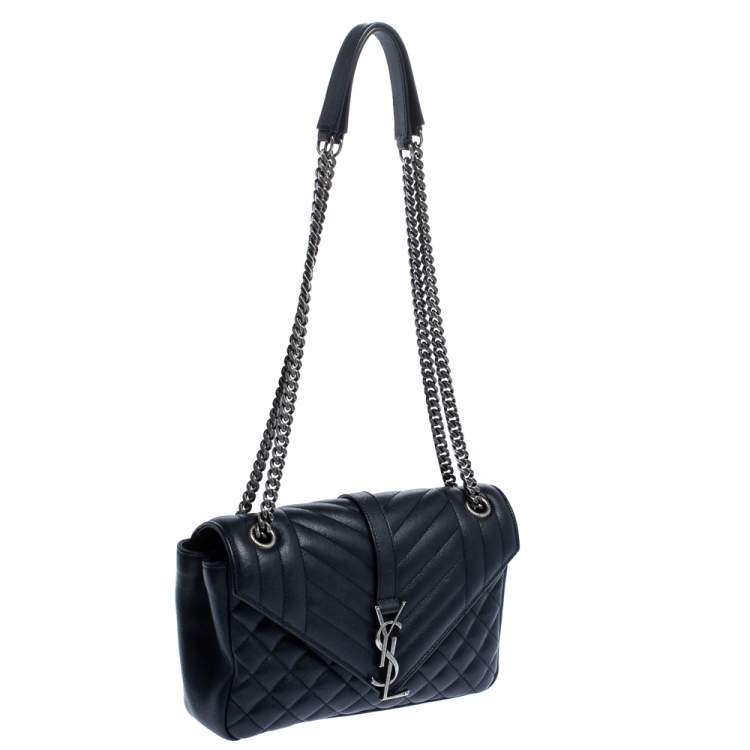 Pre Owned Saint Laurent Navy Blue Mix Matelassé Leather Envelope Shoulder Bag