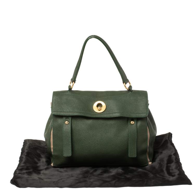 Pre Owned Yves Saint Laurent Green/Beige Leather and Canvas Medium Muse Two Satchel