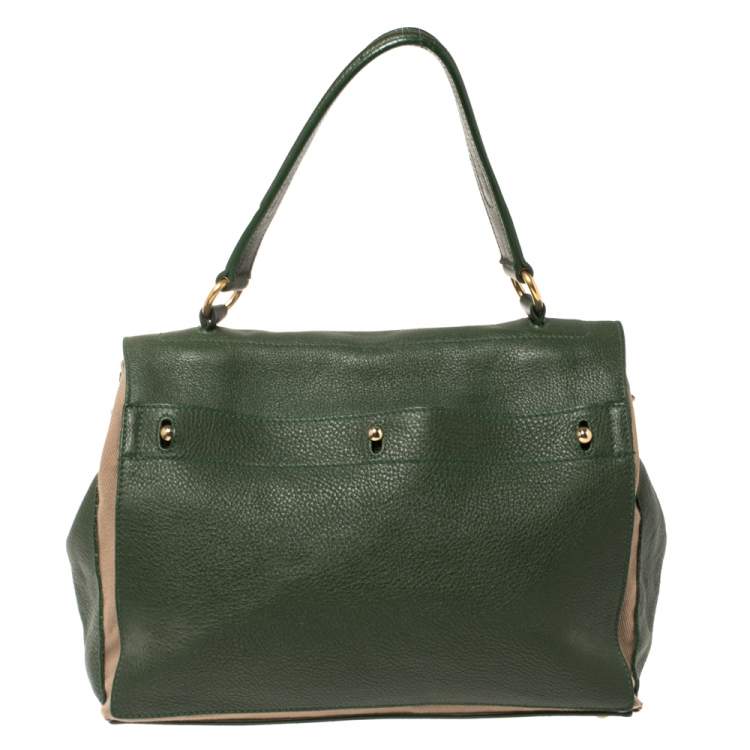 Pre Owned Yves Saint Laurent Green/Beige Leather and Canvas Medium Muse Two Satchel