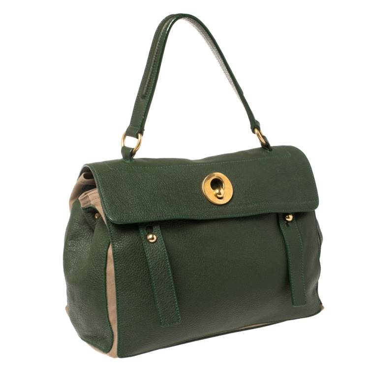 Pre Owned Yves Saint Laurent Green/Beige Leather and Canvas Medium Muse Two Satchel