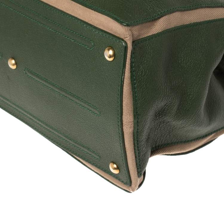 Pre Owned Yves Saint Laurent Green/Beige Leather and Canvas Medium Muse Two Satchel