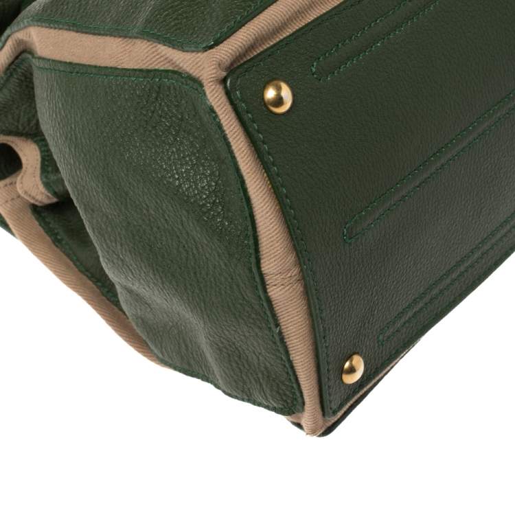 Pre Owned Yves Saint Laurent Green/Beige Leather and Canvas Medium Muse Two Satchel