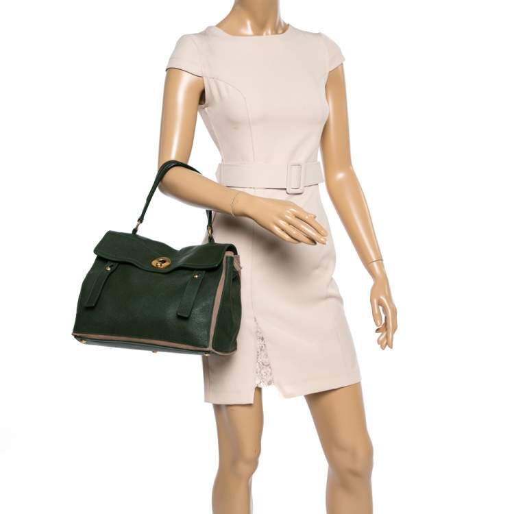 Pre Owned Yves Saint Laurent Green/Beige Leather and Canvas Medium Muse Two Satchel