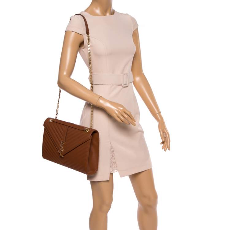 Pre Owned Saint Laurent Brown Matelasse Leather Large Cassandre Flap Bag