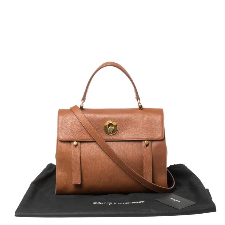 Pre Owned Saint Laurent Brown Leather and Canvas Medium Muse Two Top Handle Bag