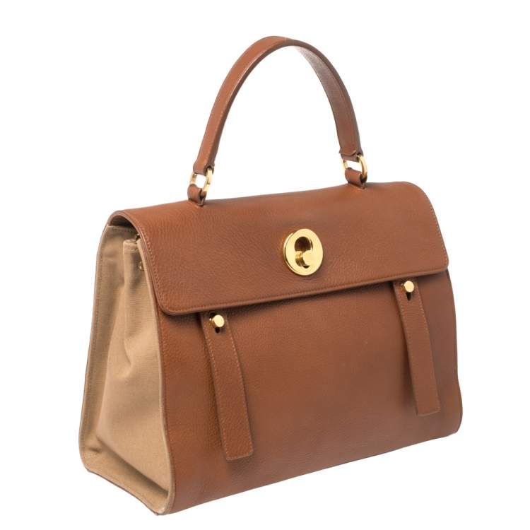 Pre Owned Saint Laurent Brown Leather and Canvas Medium Muse Two Top Handle Bag