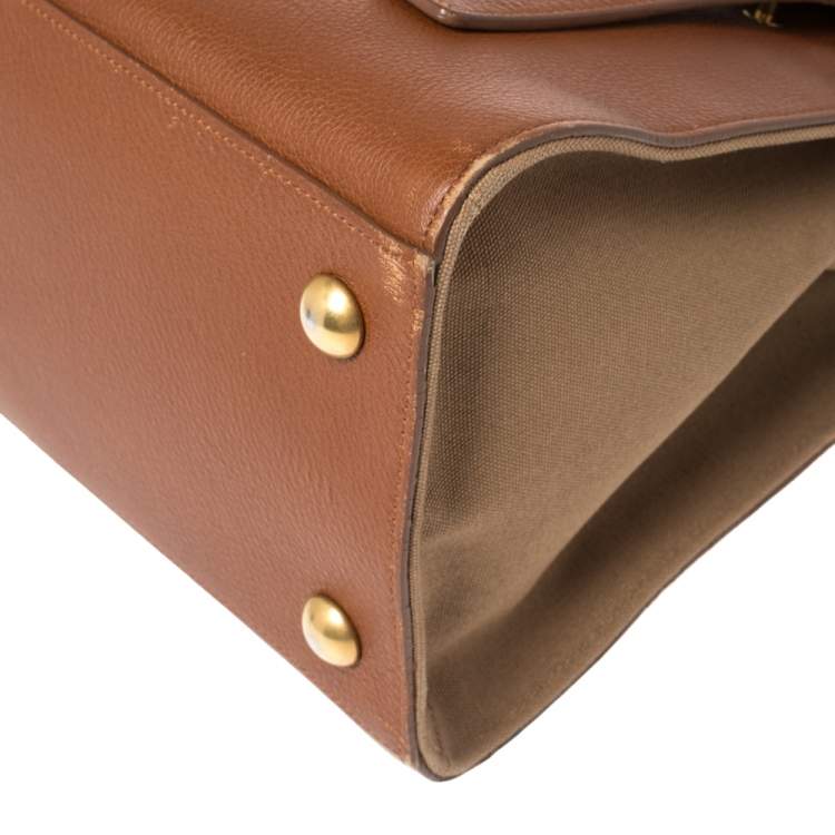 Pre Owned Saint Laurent Brown Leather and Canvas Medium Muse Two Top Handle Bag