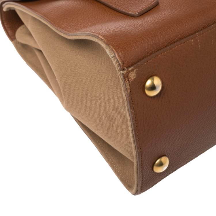 Pre Owned Saint Laurent Brown Leather and Canvas Medium Muse Two Top Handle Bag