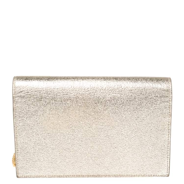 Pre Owned Saint Laurent Gold Textured Leather Kate Wallet on Chain
