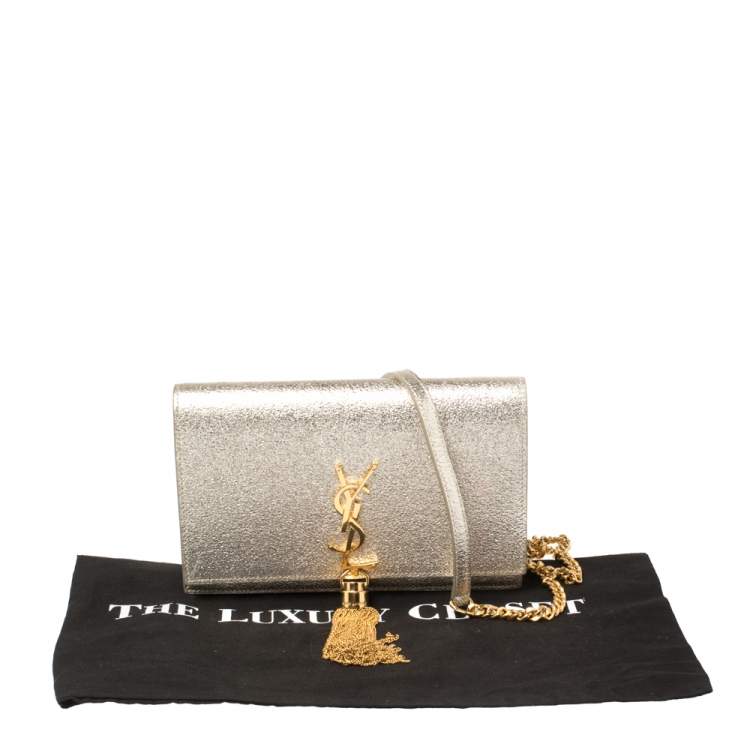 Pre Owned Saint Laurent Gold Textured Leather Kate Wallet on Chain