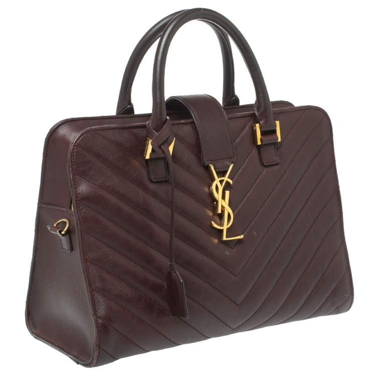 Pre Owned Saint Laurent Burgundy Matelassé Leather Small Monogram Cabas Tote