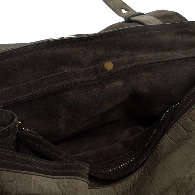 Pre Owned Yves Saint Laurent Pale Green Croc Embossed Leather and Suede Large Muse Two Satchel