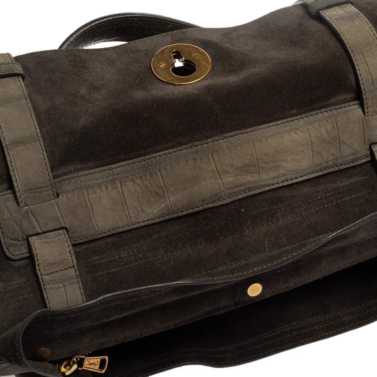 Pre Owned Yves Saint Laurent Pale Green Croc Embossed Leather and Suede Large Muse Two Satchel