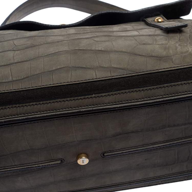 Pre Owned Yves Saint Laurent Pale Green Croc Embossed Leather and Suede Large Muse Two Satchel