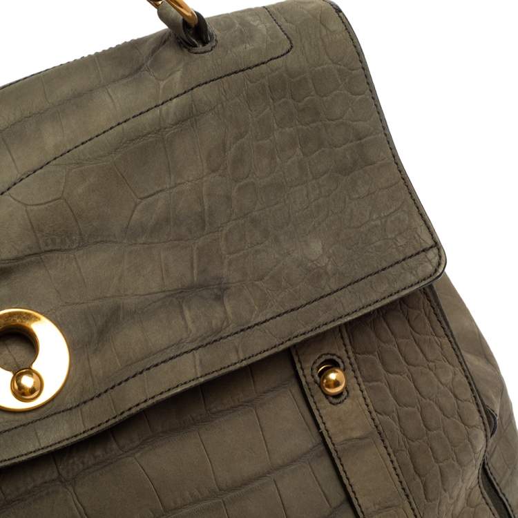 Pre Owned Yves Saint Laurent Pale Green Croc Embossed Leather and Suede Large Muse Two Satchel