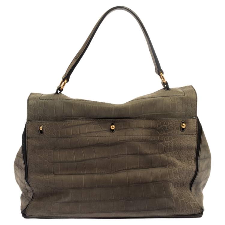 Pre Owned Yves Saint Laurent Pale Green Croc Embossed Leather and Suede Large Muse Two Satchel