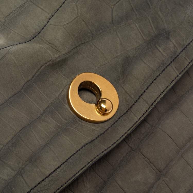 Pre Owned Yves Saint Laurent Pale Green Croc Embossed Leather and Suede Large Muse Two Satchel