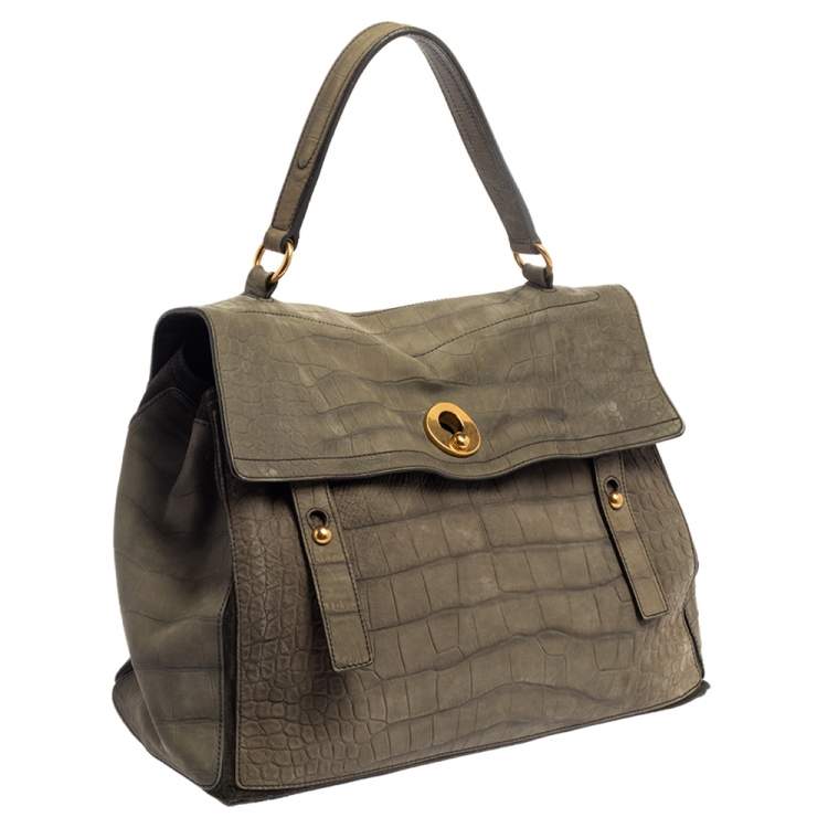 Pre Owned Yves Saint Laurent Pale Green Croc Embossed Leather and Suede Large Muse Two Satchel
