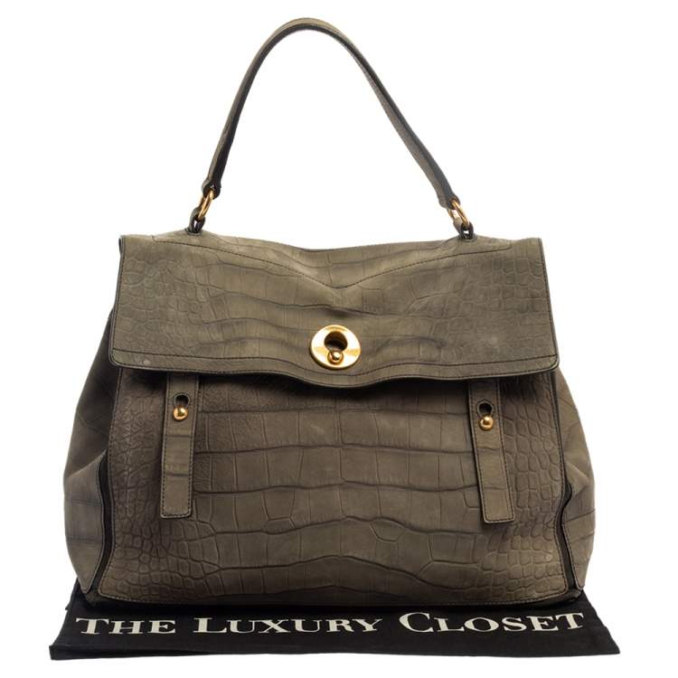 Pre Owned Yves Saint Laurent Pale Green Croc Embossed Leather and Suede Large Muse Two Satchel