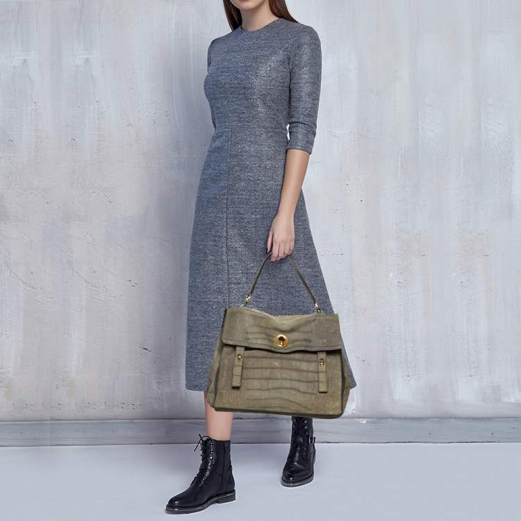 Pre Owned Yves Saint Laurent Pale Green Croc Embossed Leather and Suede Large Muse Two Satchel