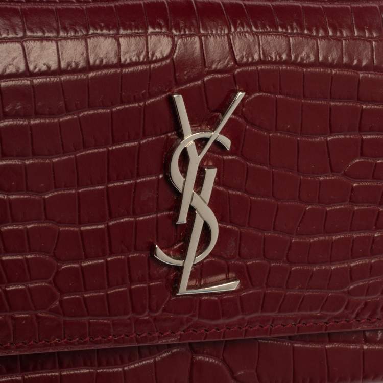 Pre Owned  Saint Laurent Burgundy Croc Embossed Leather Sunset Shoulder Bag