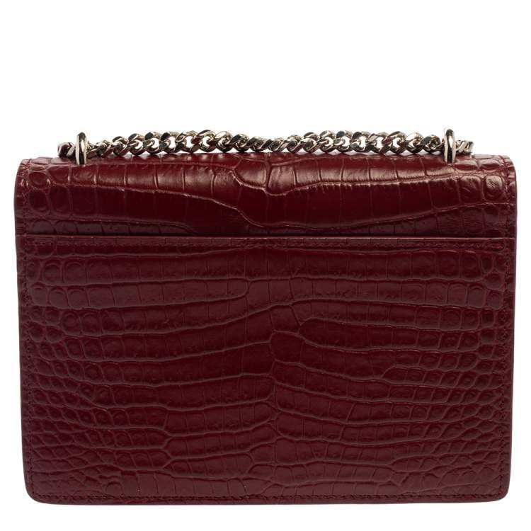Pre Owned  Saint Laurent Burgundy Croc Embossed Leather Sunset Shoulder Bag