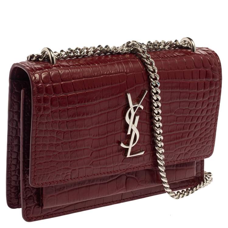 Pre Owned  Saint Laurent Burgundy Croc Embossed Leather Sunset Shoulder Bag