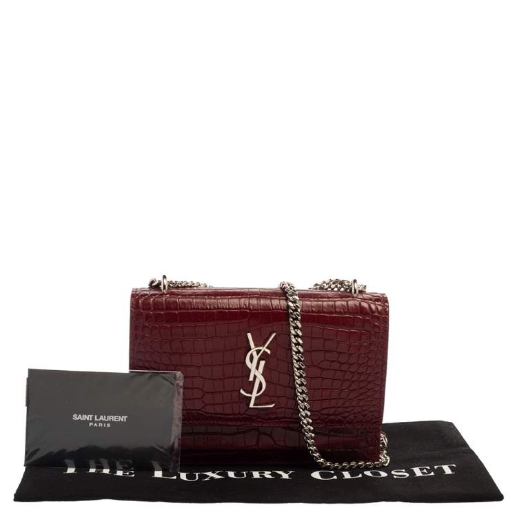 Pre Owned  Saint Laurent Burgundy Croc Embossed Leather Sunset Shoulder Bag