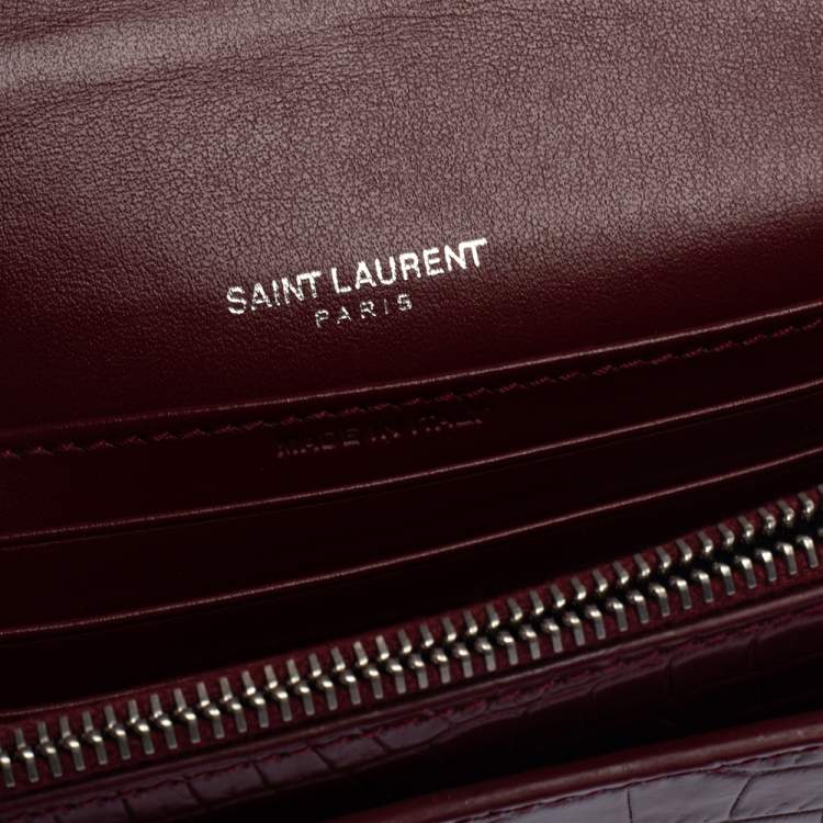 Pre Owned  Saint Laurent Burgundy Croc Embossed Leather Sunset Shoulder Bag