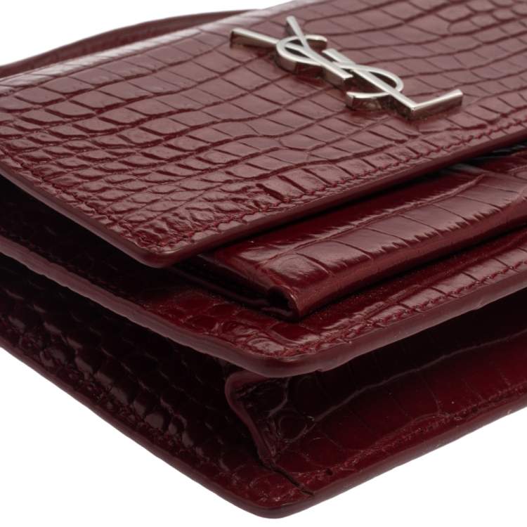 Pre Owned  Saint Laurent Burgundy Croc Embossed Leather Sunset Shoulder Bag