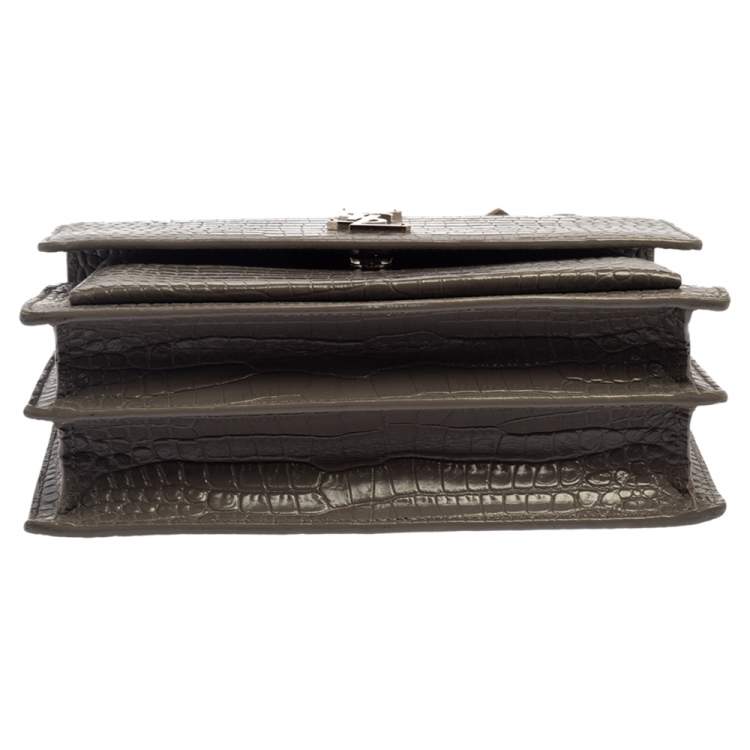 Pre Owned Saint Laurent Grey Croc Embossed Leather Medium Sunset Shoulder Bag