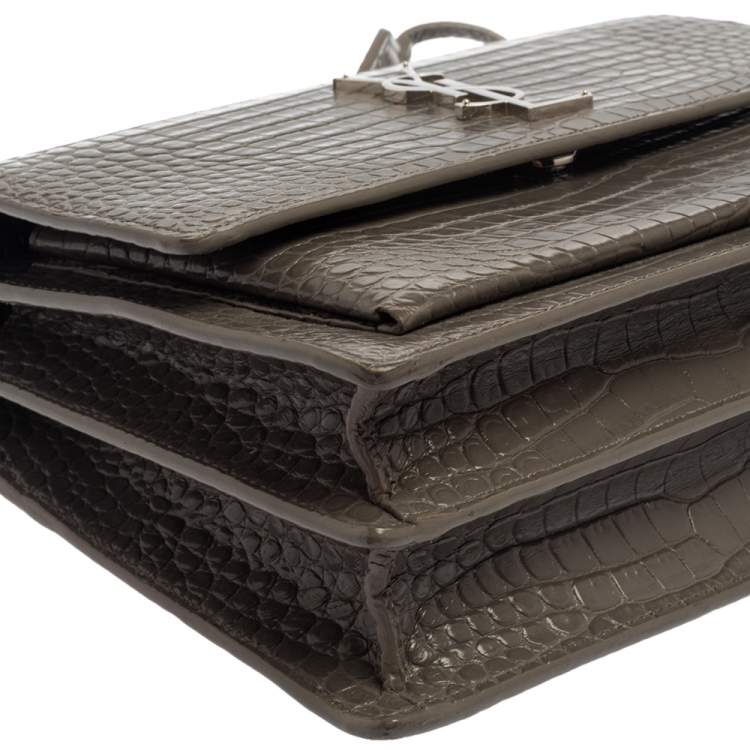 Pre Owned Saint Laurent Grey Croc Embossed Leather Medium Sunset Shoulder Bag