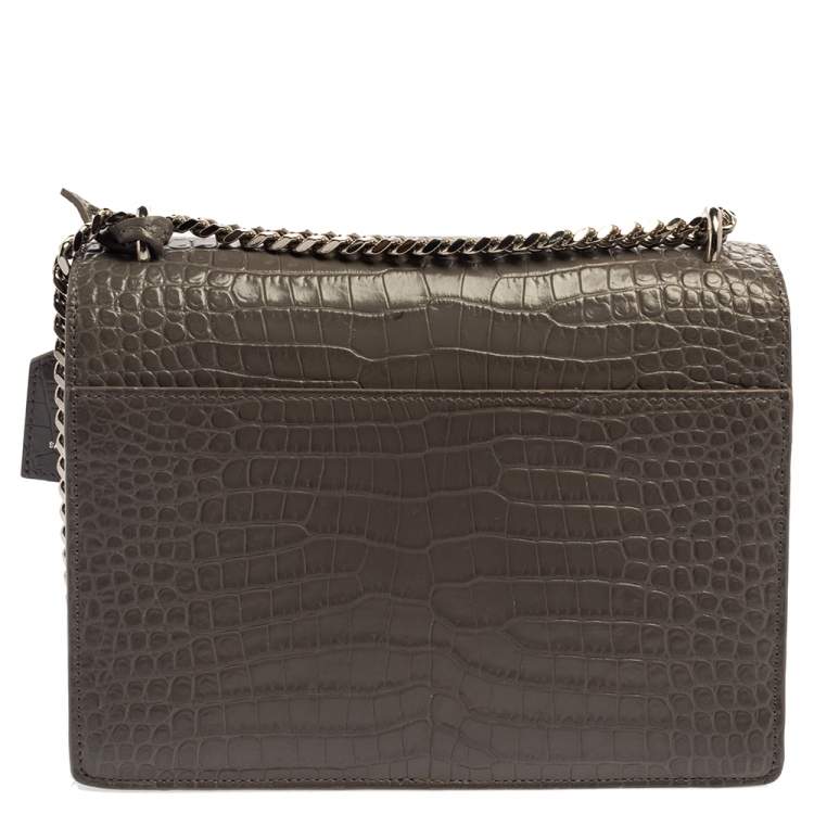 Pre Owned Saint Laurent Grey Croc Embossed Leather Medium Sunset Shoulder Bag
