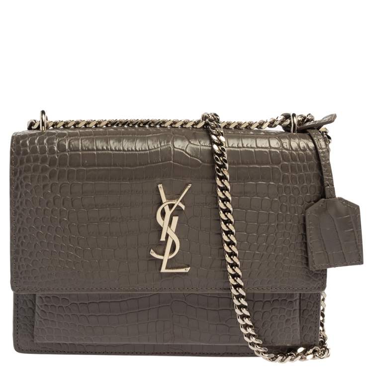 Pre Owned Saint Laurent Grey Croc Embossed Leather Medium Sunset Shoulder Bag