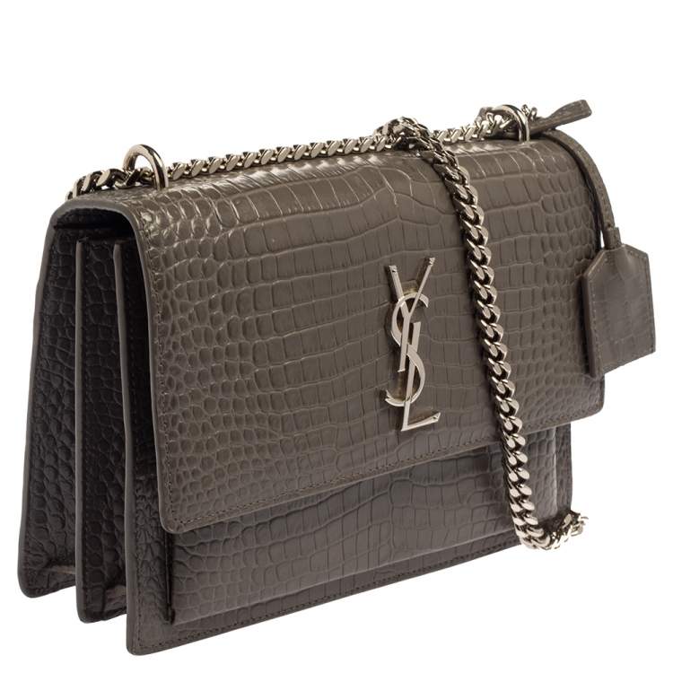 Pre Owned Saint Laurent Grey Croc Embossed Leather Medium Sunset Shoulder Bag
