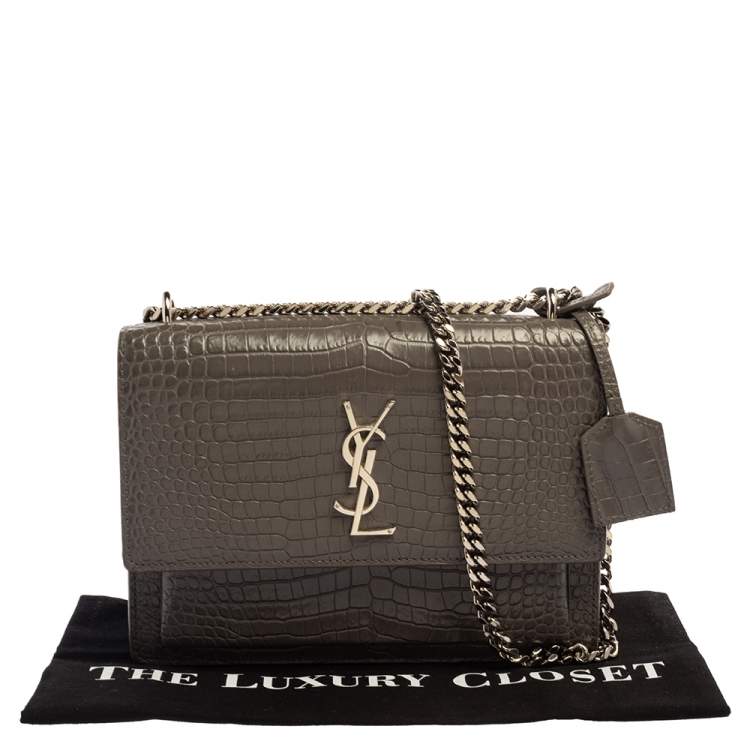 Pre Owned Saint Laurent Grey Croc Embossed Leather Medium Sunset Shoulder Bag