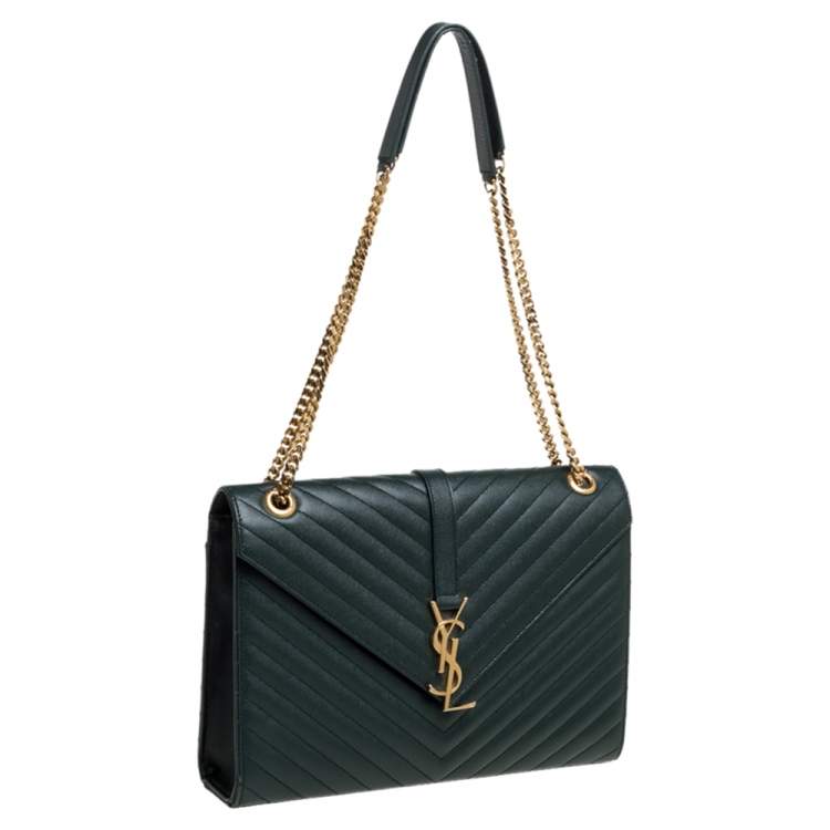 Pre Owned Saint Laurent Green Matelasse Leather Large Cassandre Flap Bag