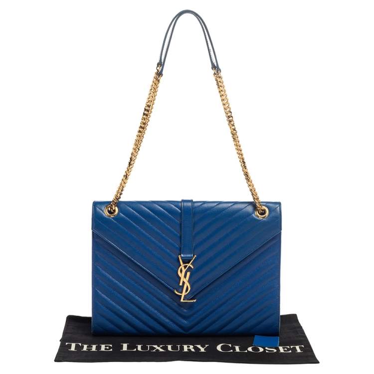 Pre Owned Saint Laurent Blue Matelasse Leather Large Cassandre Flap Bag